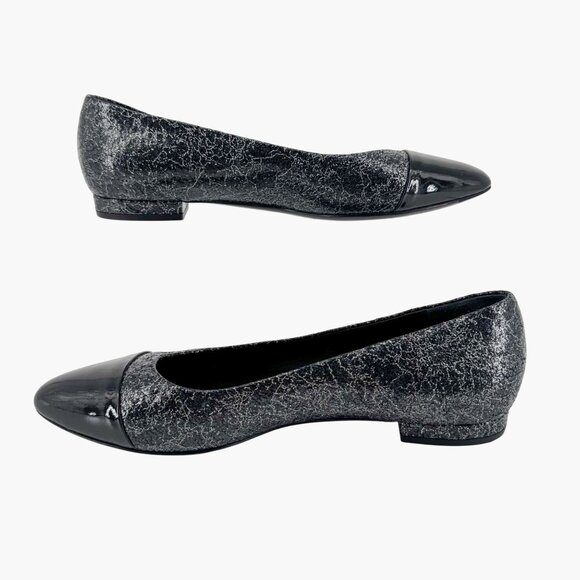 Chanel CC Cap Toe Ballet Flats Black Silver Leather Size 37.5 US 6.5–7 Women - Picture 11 of 15